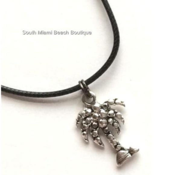 Palm Tree Necklace Silver Plated Black Cord Coconut Island Beach Surfer Hawaiian - Picture 1 of 8